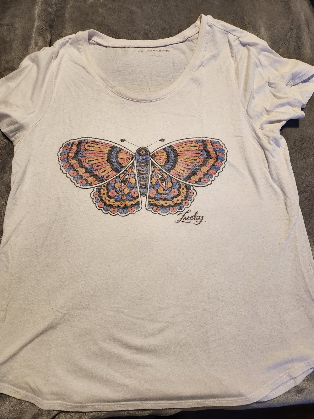 Lucky Brand White Tee with Multicolor Butterfly Graphic